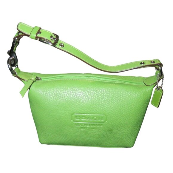 Coach Green Pebble Leather Top Handle Baguette Sufflette Bag & Hangtag - Picture 1 of 15